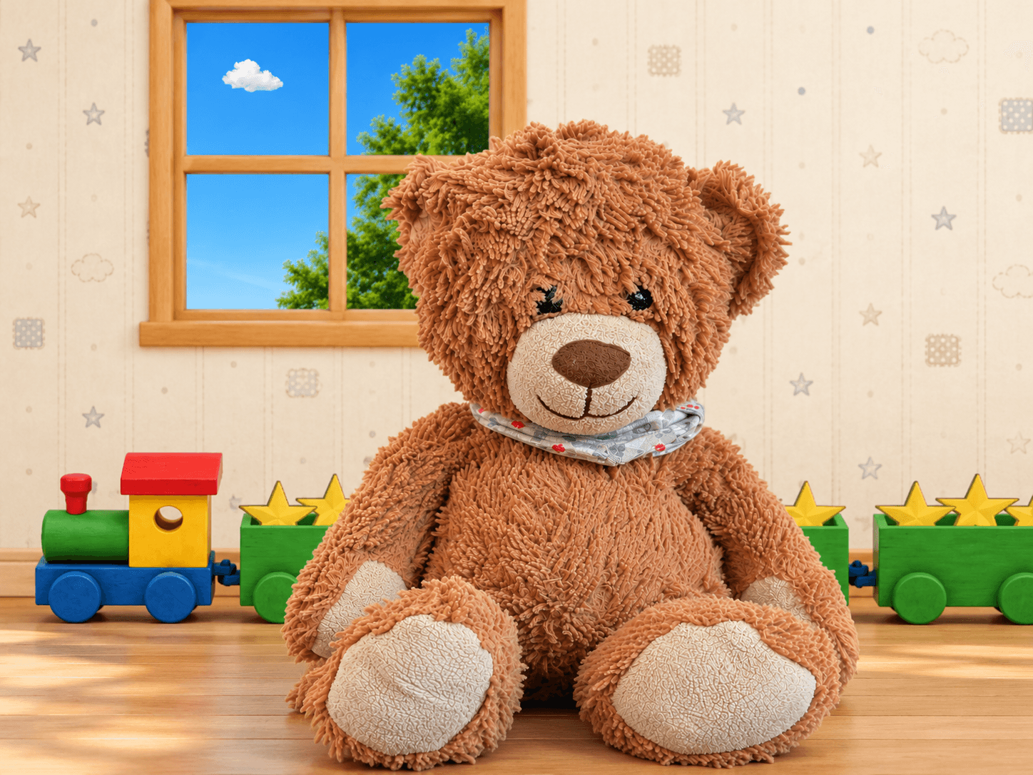 Teddy vor einer Spielzeugeisenbahn im Kinderzimmer